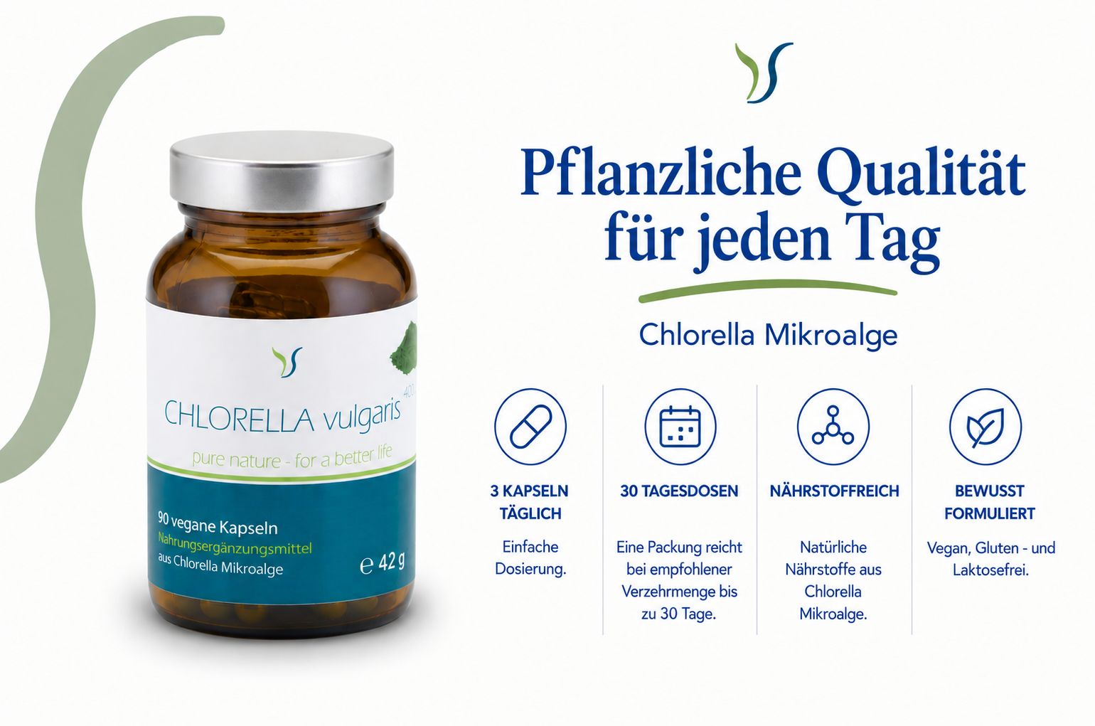 Braunglasflasche mit silbernem Schraubverschluss, daneben eine Frau, die eine Kapsel einnimmt. Icons für Dosierung und Vorrat.