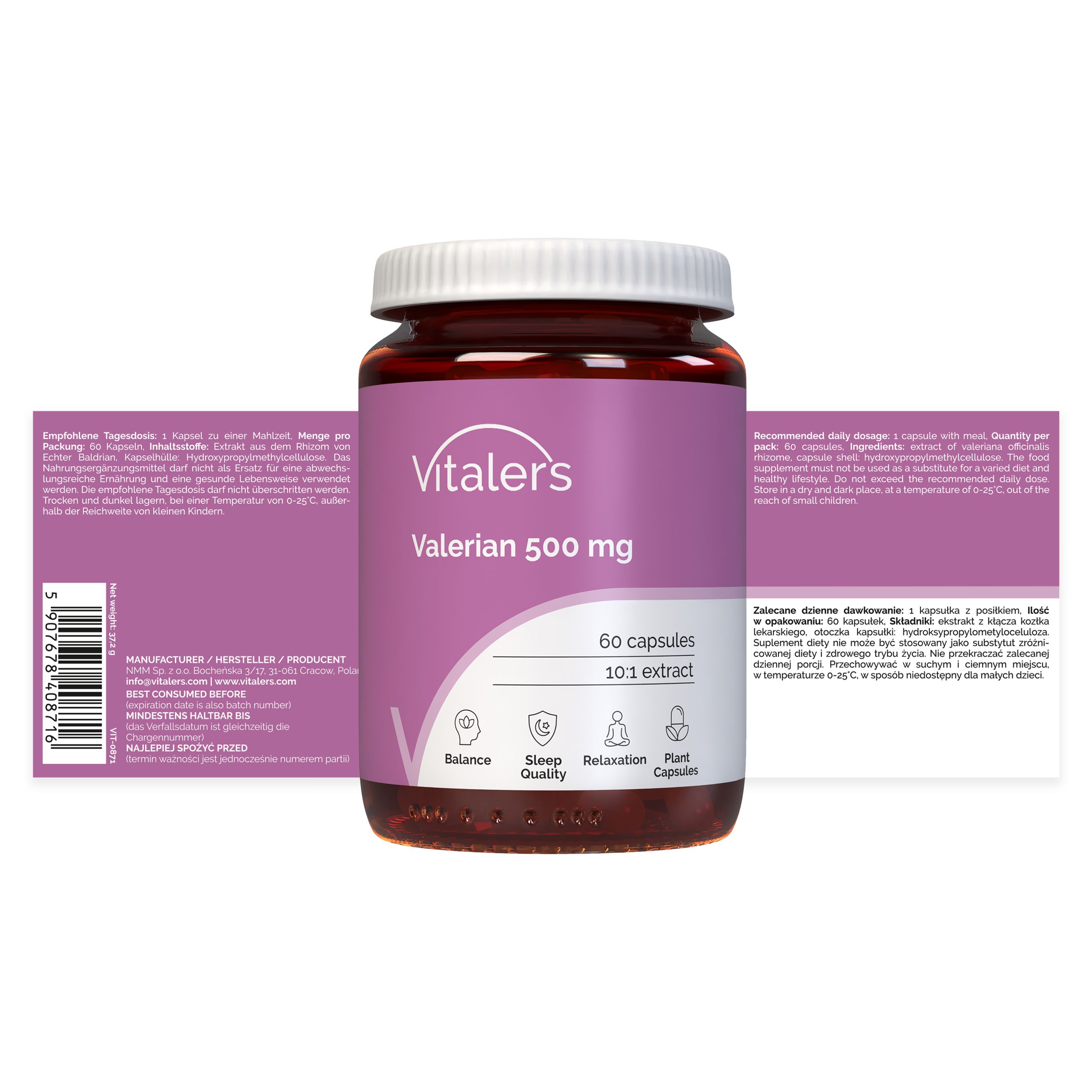 Vitaler's Baldrian 500 mg Kapselbehälter und Verpackung, 60 Kapseln, 10:1 Extrakt, mit Symbolen für Balance, Schlafqualität und Entspannung.