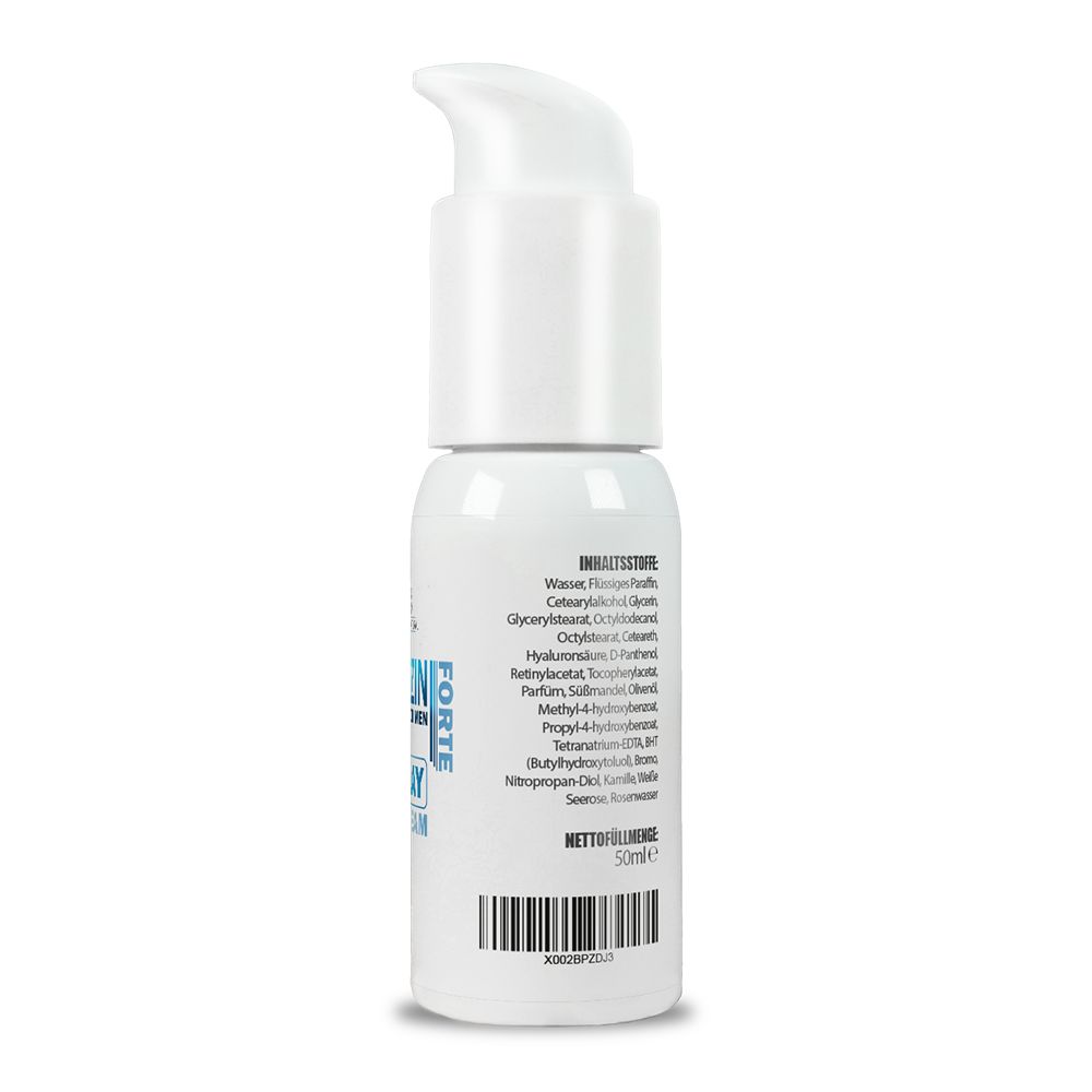 Rückseite der weißen Flasche mit Dosierpumpe. Text: Inhaltsstoffe, Nettomenge 50ml, Barcode.
