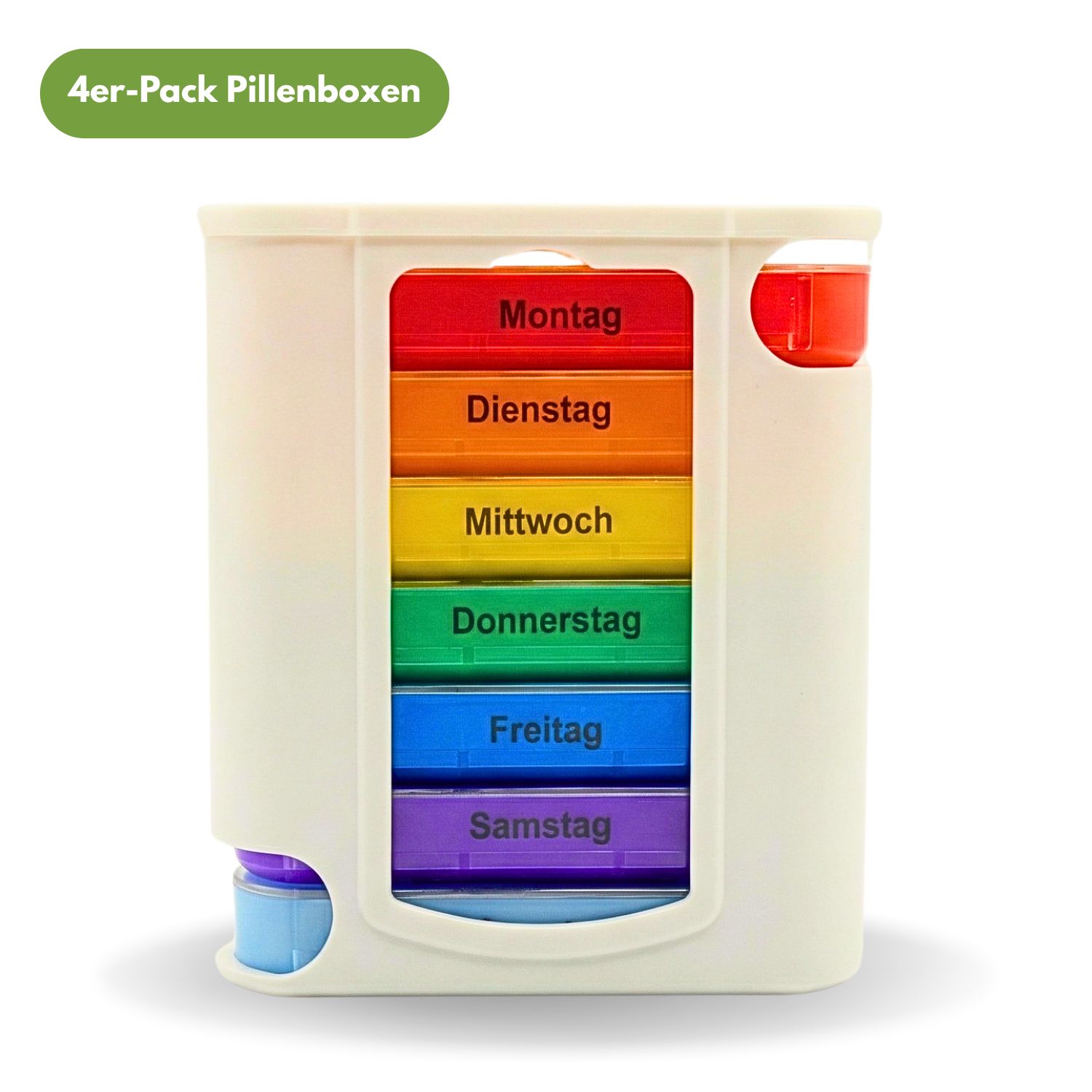 Tablettenbox, weiß, mit 7 farbigen Fächern für Wochentage. 4er-Pack. Marke Frohbach Vital Care.