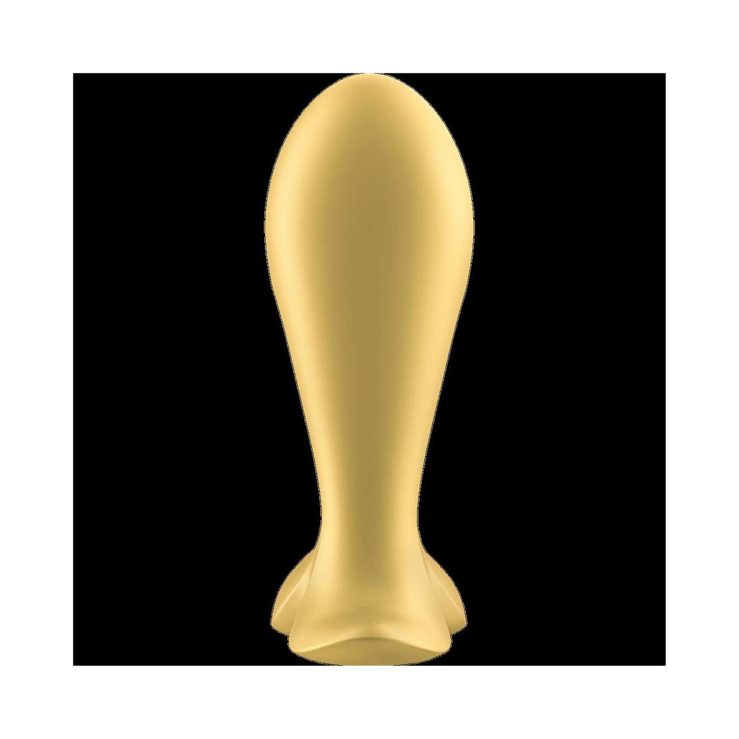Goldfarbener Analplug. Tropfenförmiger Kopf, geschwungener Schaft, breite Basis. Glatte Oberfläche.