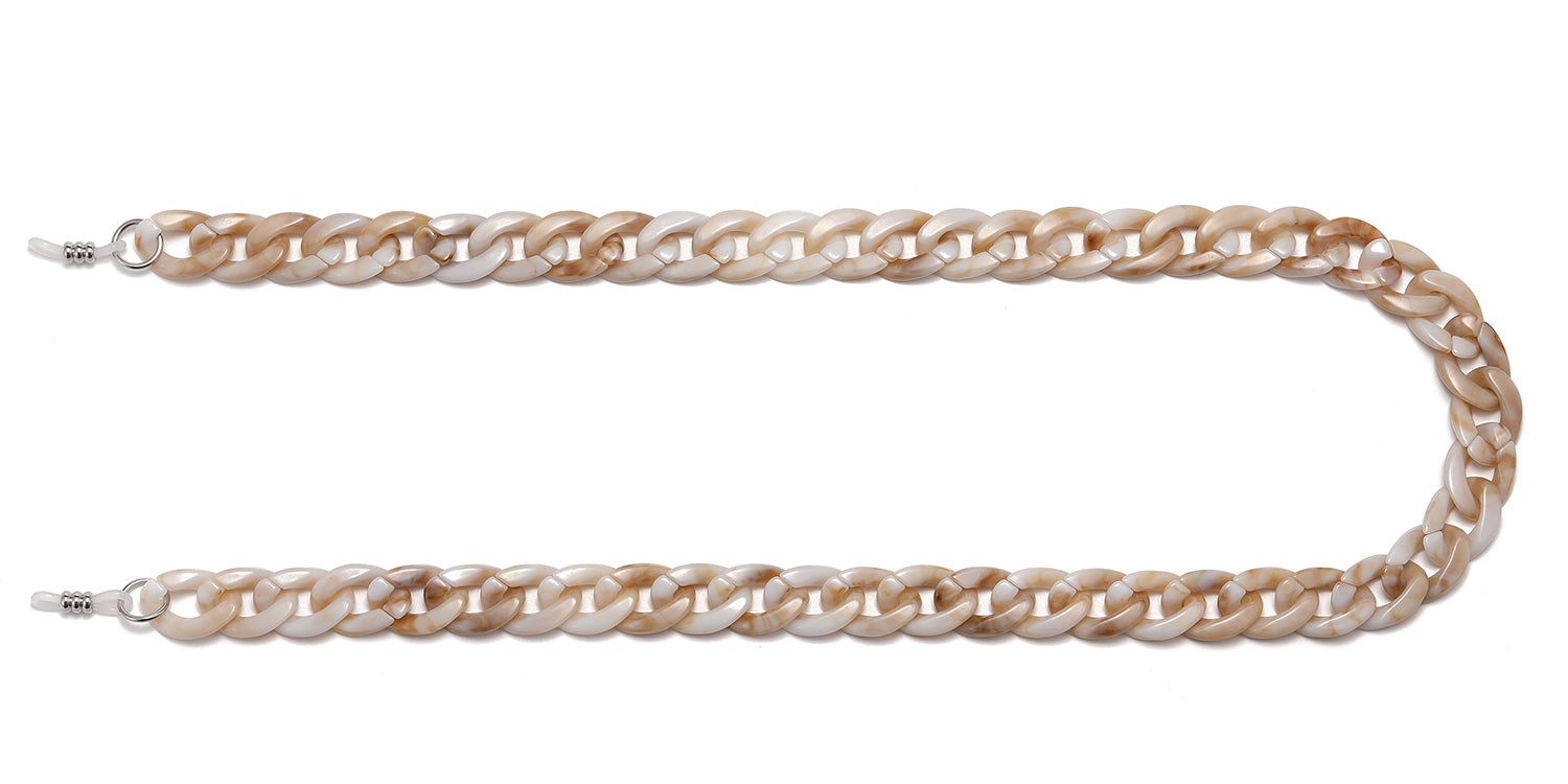 Brillenkette, beige-braune Kettenglieder, U-förmig. Metallverschlüsse an den Enden.