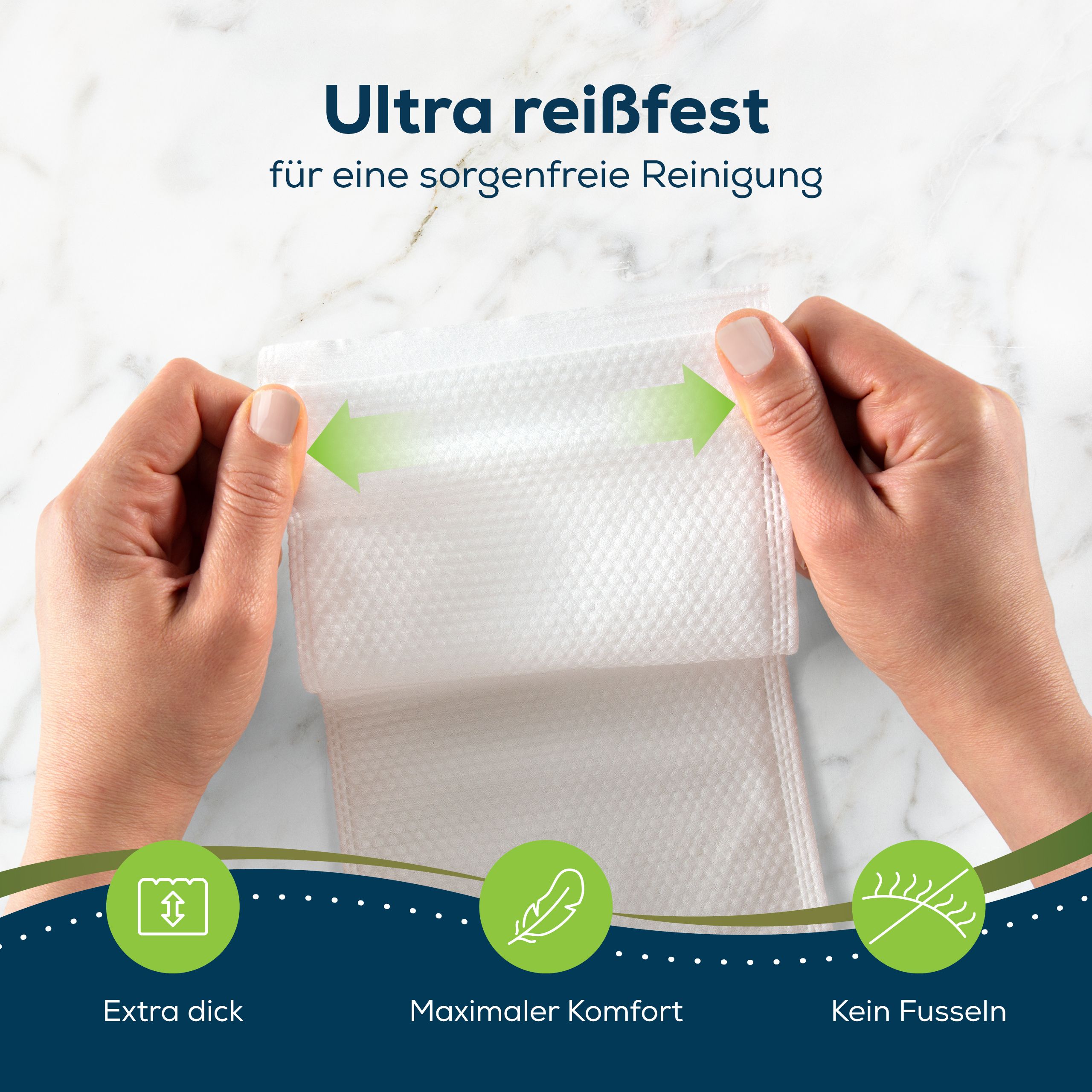 Weißer Waschhandschuh wird gedehnt. Text: Ultra reißfest für eine sorgenfreie Reinigung. Symbole: Extra dick, maximaler Komfort, kein Fusseln.