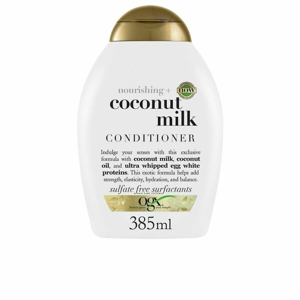 Weiße Flasche mit goldfarbenem Deckel. Aufschrift: "coconut milk CONDITIONER". Enthält 385 ml. Marke: OGX.