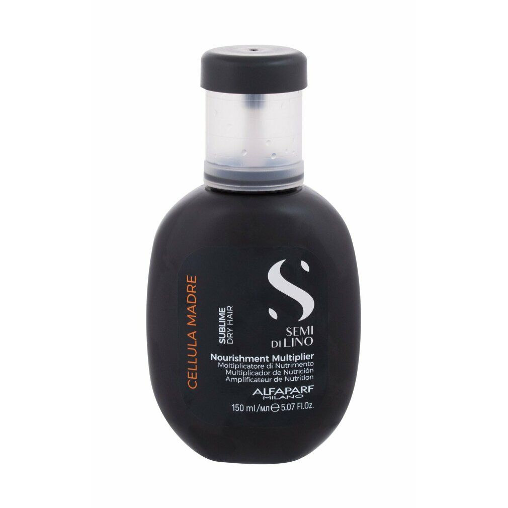 Schwarze Flasche mit Flüssigkeit. Aufschrift: Semi Di Lino, Nourishment Multiplier, Alfaparf Milano. 150 ml.