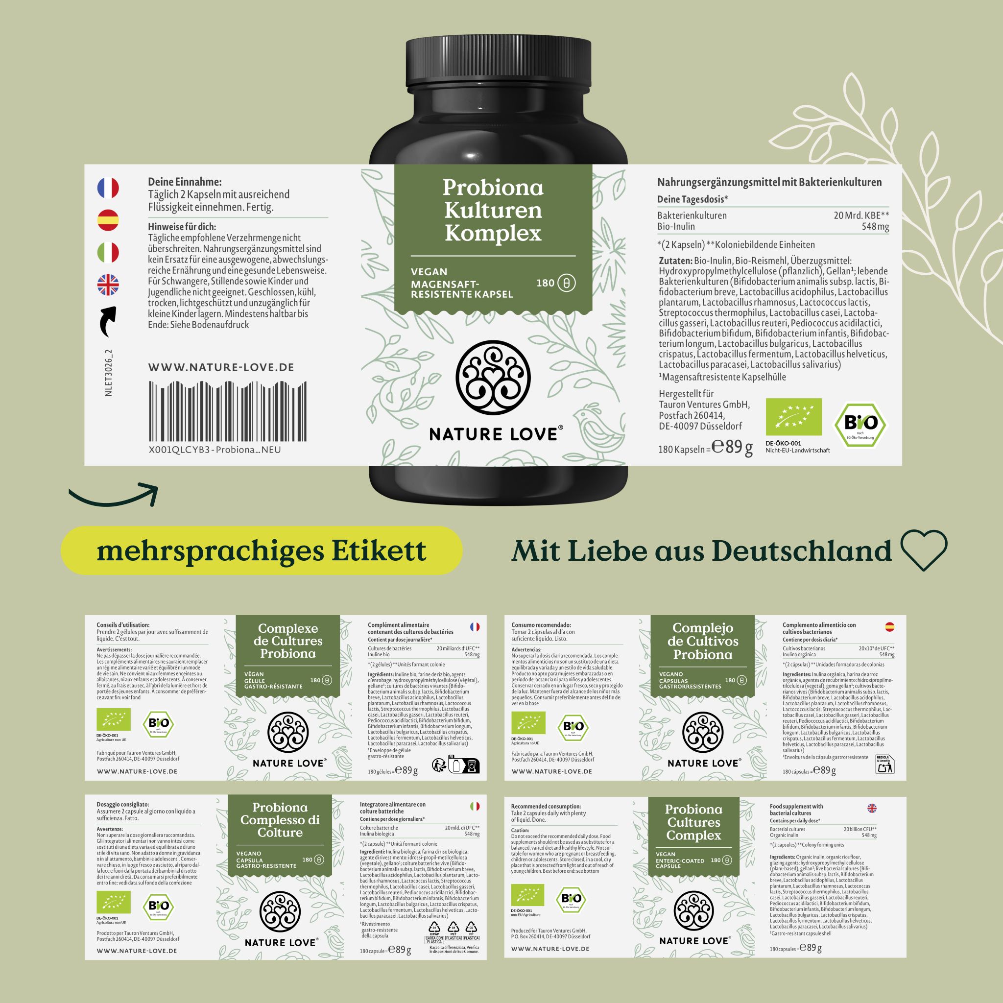 Produktflasche mit Etikett. Mehrsprachige Etiketten. Text: Probiona Kulturen Komplex. Mit Liebe aus Deutschland.