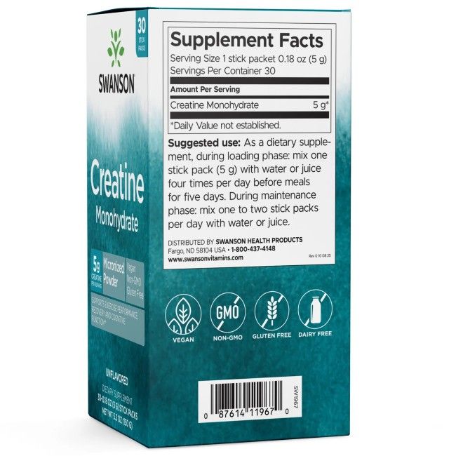 Rückseite der Packung: Swanson Creatine Monohydrate, 30 Stick-Packs, Nährwertangaben, Siegel: Vegan, Non-GMO, Glutenfrei, Dairy Free.