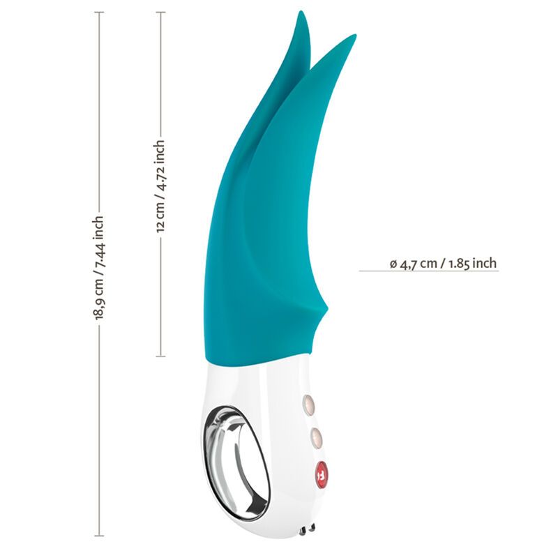 Türkiser Vibrator mit Maßen: 18,9 cm Länge, 12 cm Griff, 4,7 cm Durchmesser.