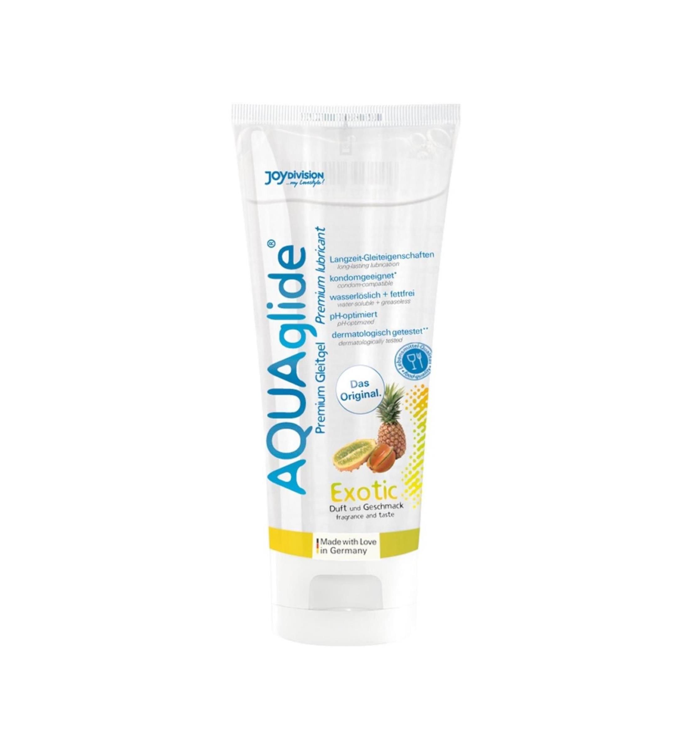 Transparent Tube mit AQUAglide, Exotic, Ananas- und Kiwimotiv. Medizinischer Gleitgel. pH-optimiert, dermatologisch getestet.