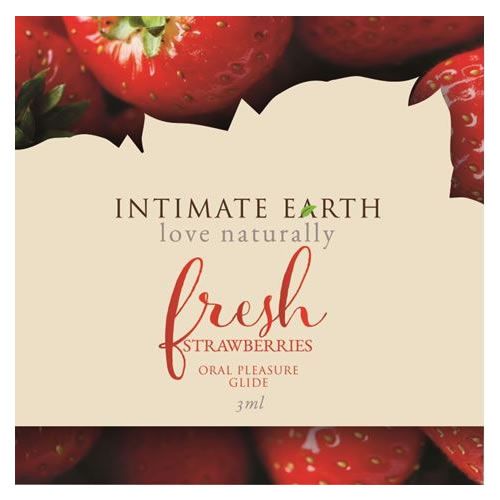 Produktverpackung mit Erdbeeren. Text: Intimate Earth, love naturally, fresh, Erdbeeren, Oral Pleasure Glide, 3ml.