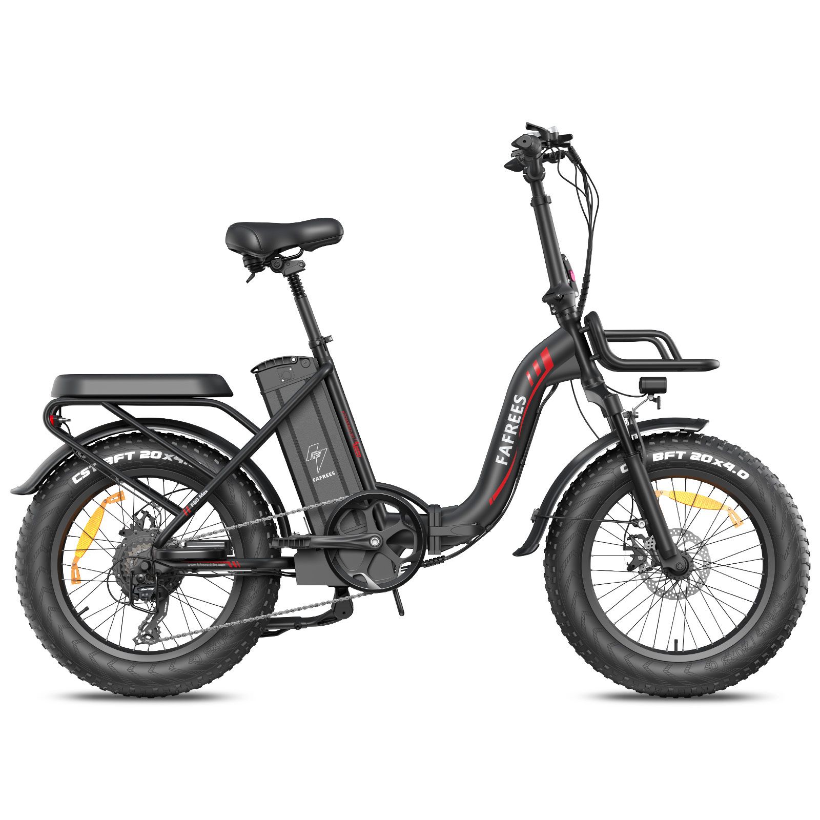 Schwarzes Falt-E-Bike mit breiten Reifen, Gepäckträger und Korb. Marke FAFREES.