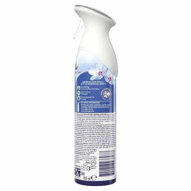Lufterfrischer-Sprühflasche, weißer Sprühkopf, blaue und weiße Verpackung. Text: Febreze, Lenor Aprilfrisch. 185 ml.