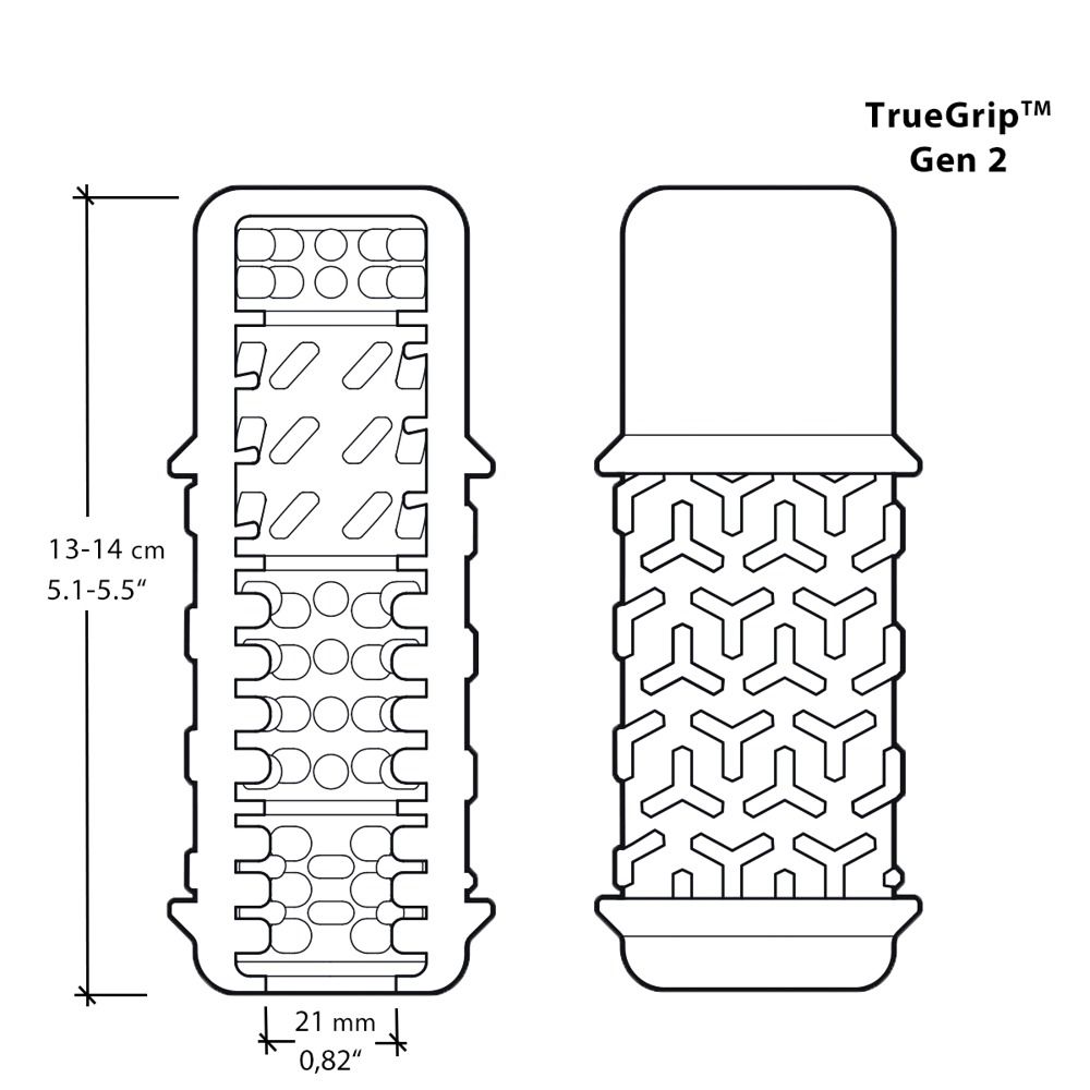 Technische Zeichnung: Hülle mit Maßen 13-14 cm, 21 mm breit. "TrueGrip Gen 2" Beschriftung.