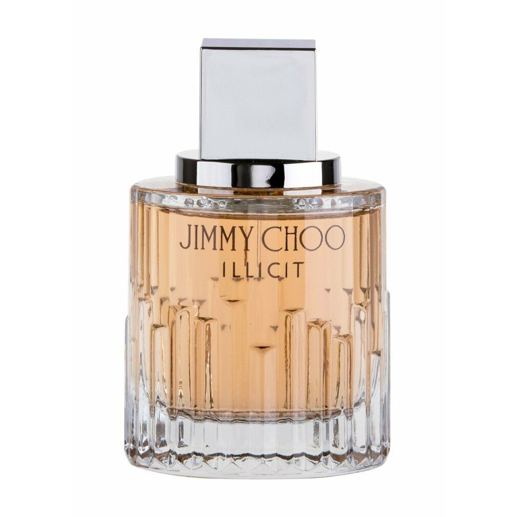 Parfümflasche. Aufschrift: Jimmy Choo Illicit. Transparenter Flakon mit silbernem Deckel.