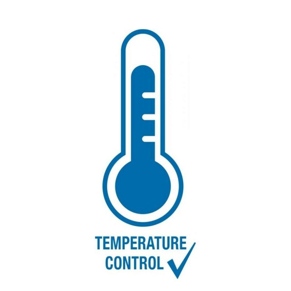 Blaues Thermometer-Symbol mit Text: TEMPERATURE CONTROL.
