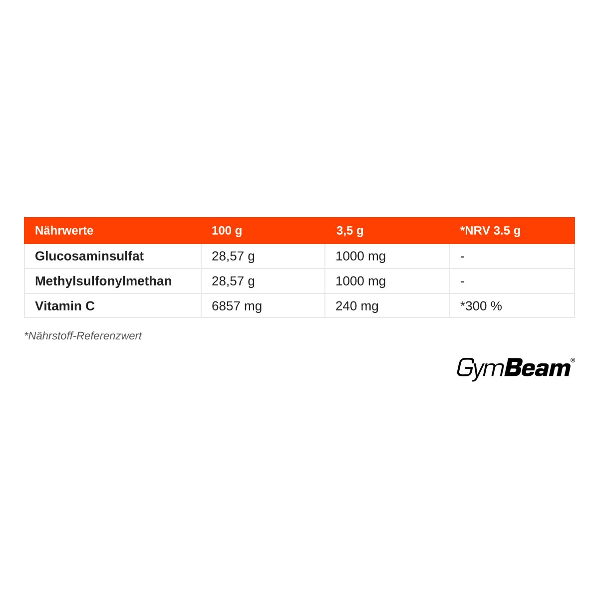 Nährwerttabelle für GymBeam MSM + Glucosamin Vitamin-C Pulver: Glucosaminsulfat, Methylsulfonylmethan, Vitamin C.