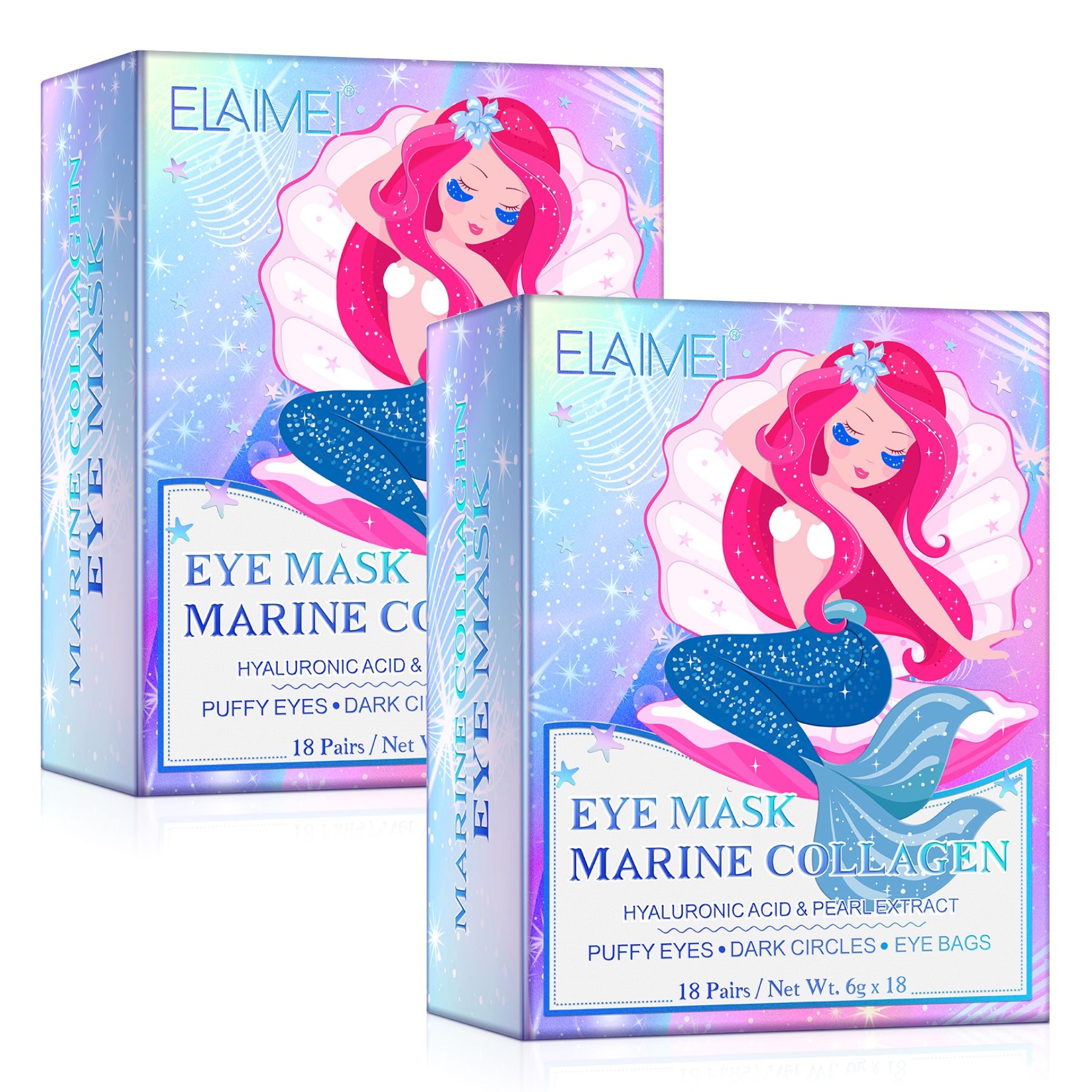 Zwei Schachteln mit Augenpads. Auf jeder Schachtel ist eine Meerjungfrau abgebildet. Text: EYE MASK MARINE COLLAGEN.