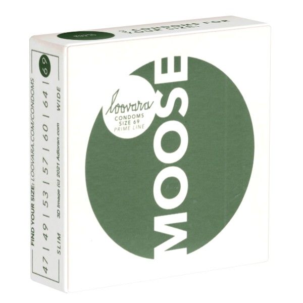 Verpackung Loovara Moose Kondome, Größe 69, mit Größenangabe.