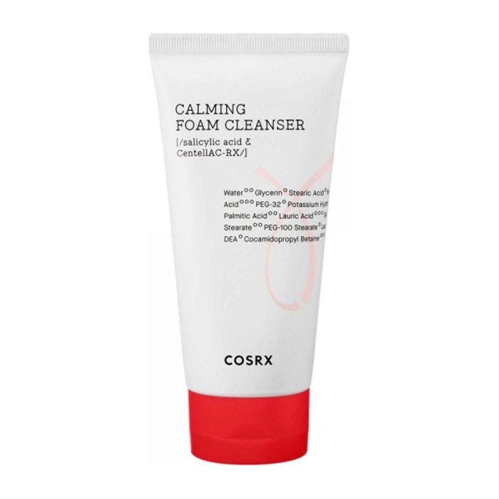 Weiße Tube mit rotem Deckel. Aufschrift: CALMING FOAM CLEANSER, Inhaltsstoffe. Marke: COSRX.