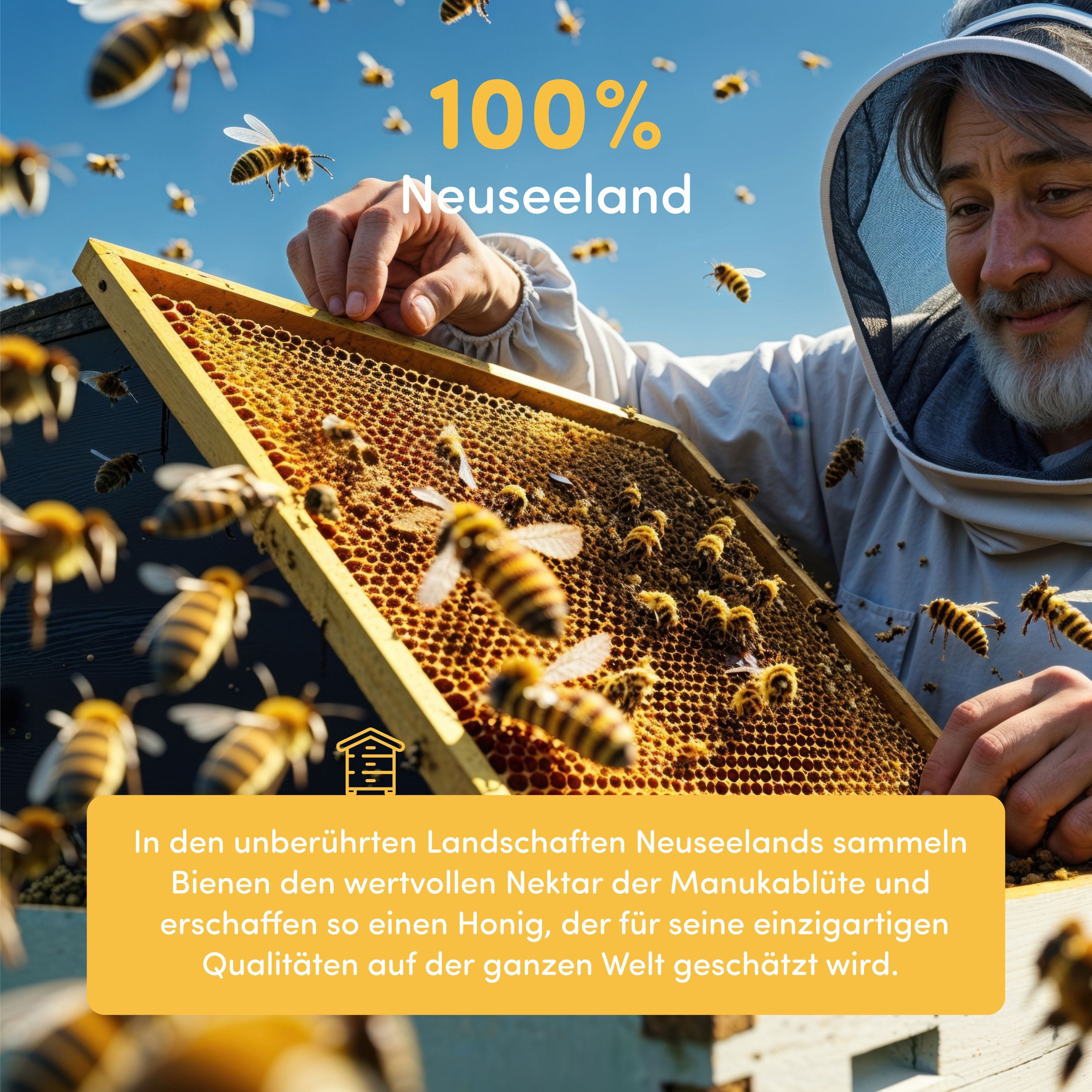 Imker mit Bienen. Honigwabe. Text: 100% Neuseeland. Text über Manuka Honig aus Neuseeland.