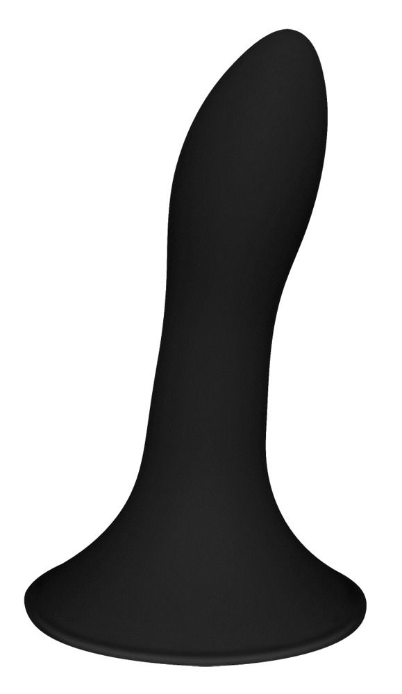 Schwarzer Dildo mit breitem Fuß und geschwungener Form. Auf weißem Hintergrund.