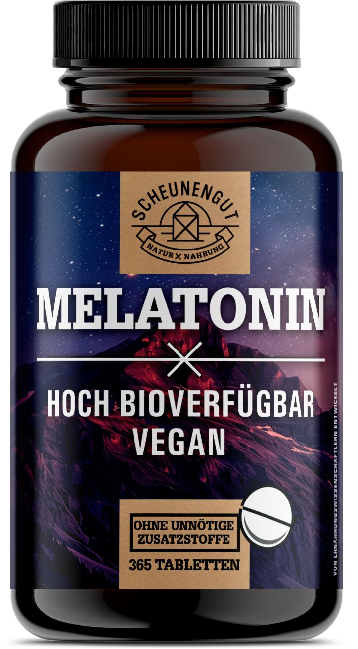 Braune Flasche mit Melatonin-Tabletten. Text: Melatonin, hoch bioverfügbar, vegan. Logo: Scheunengut. 365 Tabletten.