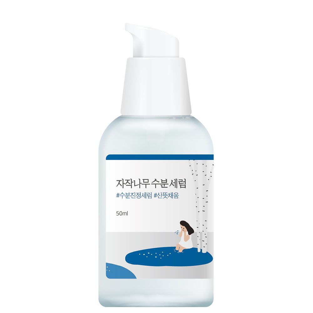 Round Lab Birch Juice Serum in einem Pumpspender mit 50ml Inhalt. Klare Flüssigkeit mit Etikett.