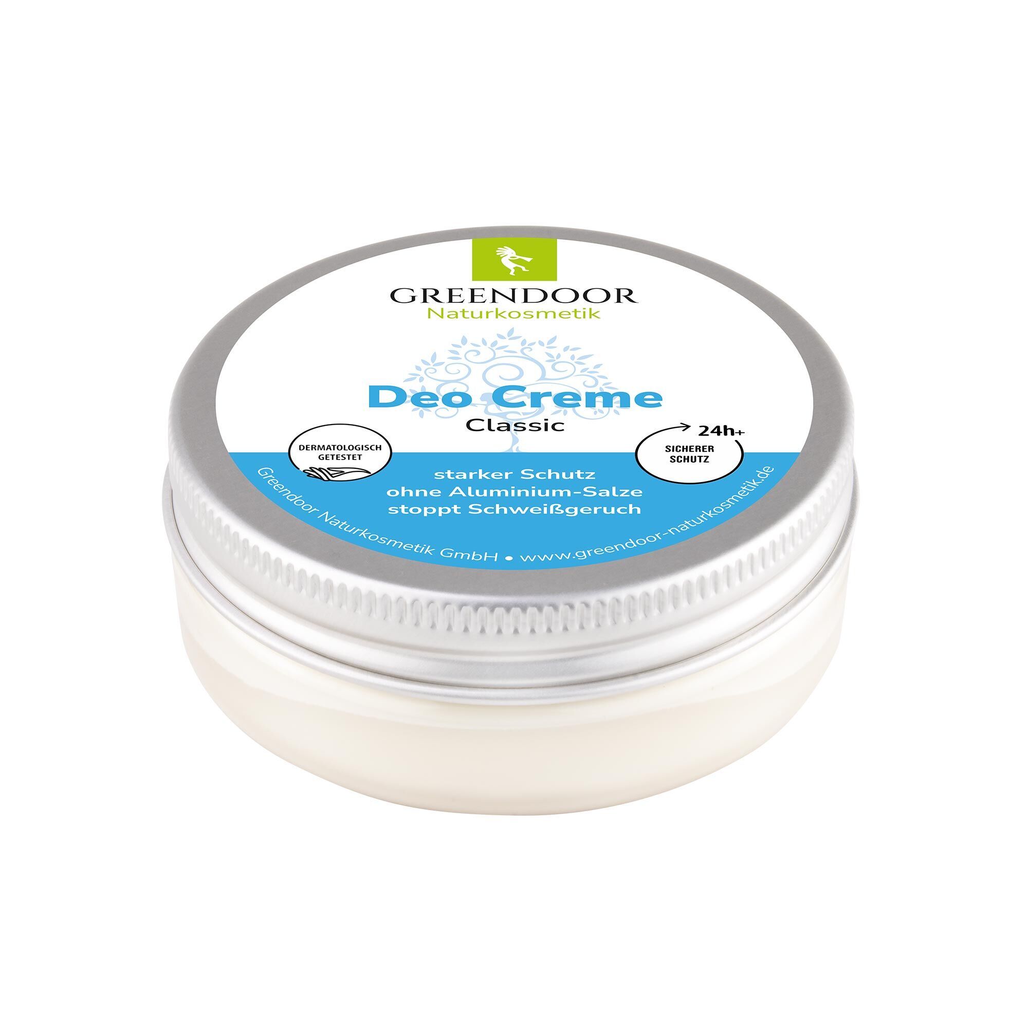 GREENDOOR Deo Creme Classic in einer silbernen Dose. Dermatologisch getestet, ohne Aluminiumsalze.