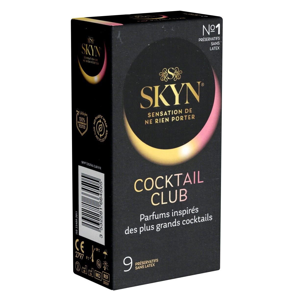 Schwarze Schachtel mit SKYN-Logo und Aufschrift COCKTAIL CLUB. Enthält 9 Latex-freie Kondome. Zertifizierungen und Qualitätszeichen sind sichtbar.