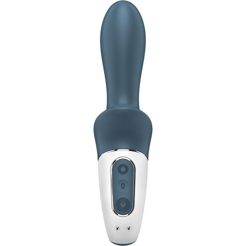 Blau-weißer Anal-Vibrator. Länglicher Schaft, ringförmiger Griff. Bedienfeld mit Knöpfen. Glatte Oberfläche.