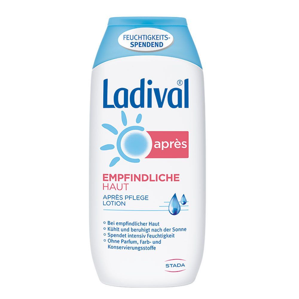 Weiße Flasche mit blauem Deckel. Aufschrift: Ladival, Après Pflege Lotion. Logo: Sonne. Text: Empfindliche Haut.