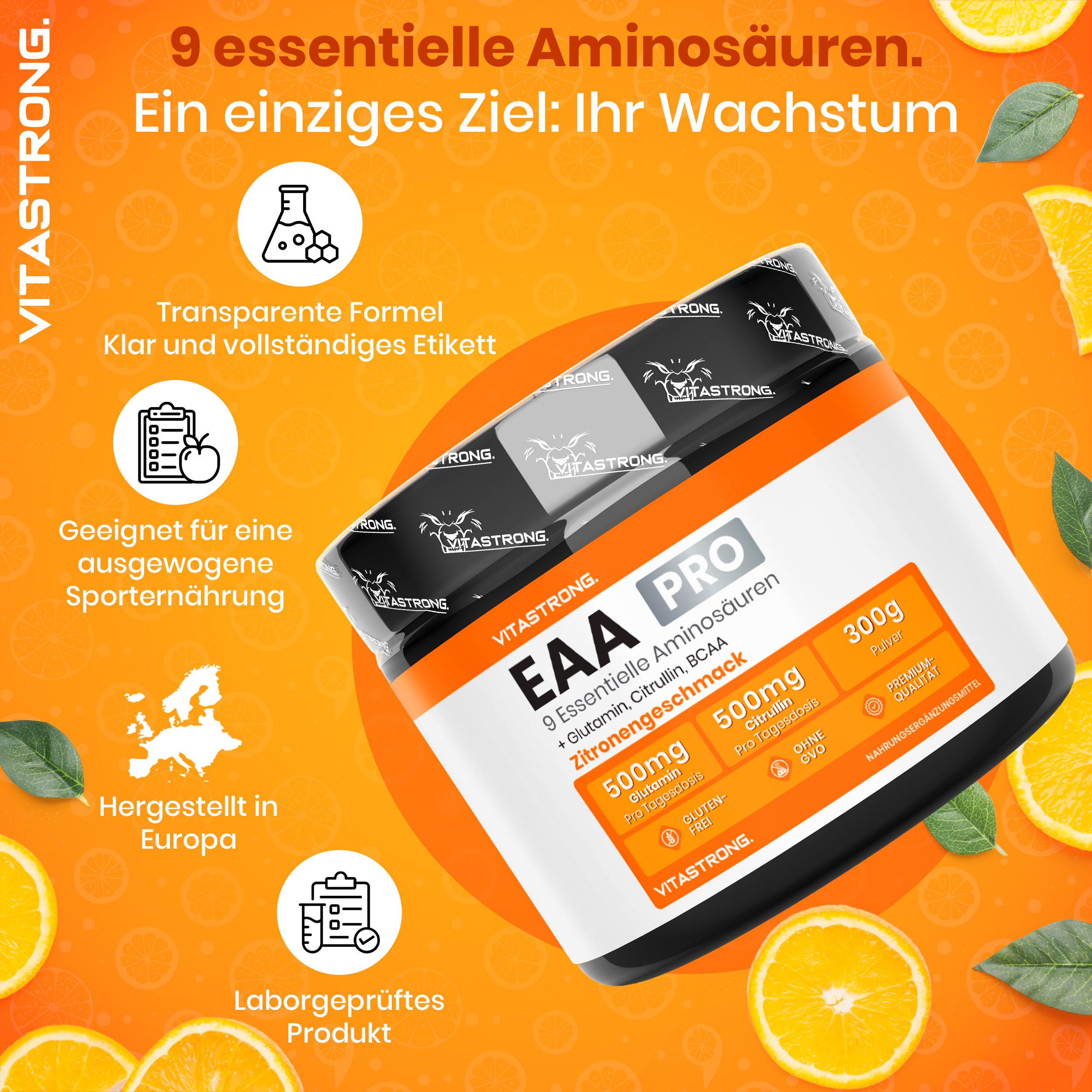 Vitastrong EAA Pro Dose, 300g. 9 essentielle Aminosäuren. Zitronengeschmack. Hergestellt in Europa. Laborgeprüft.