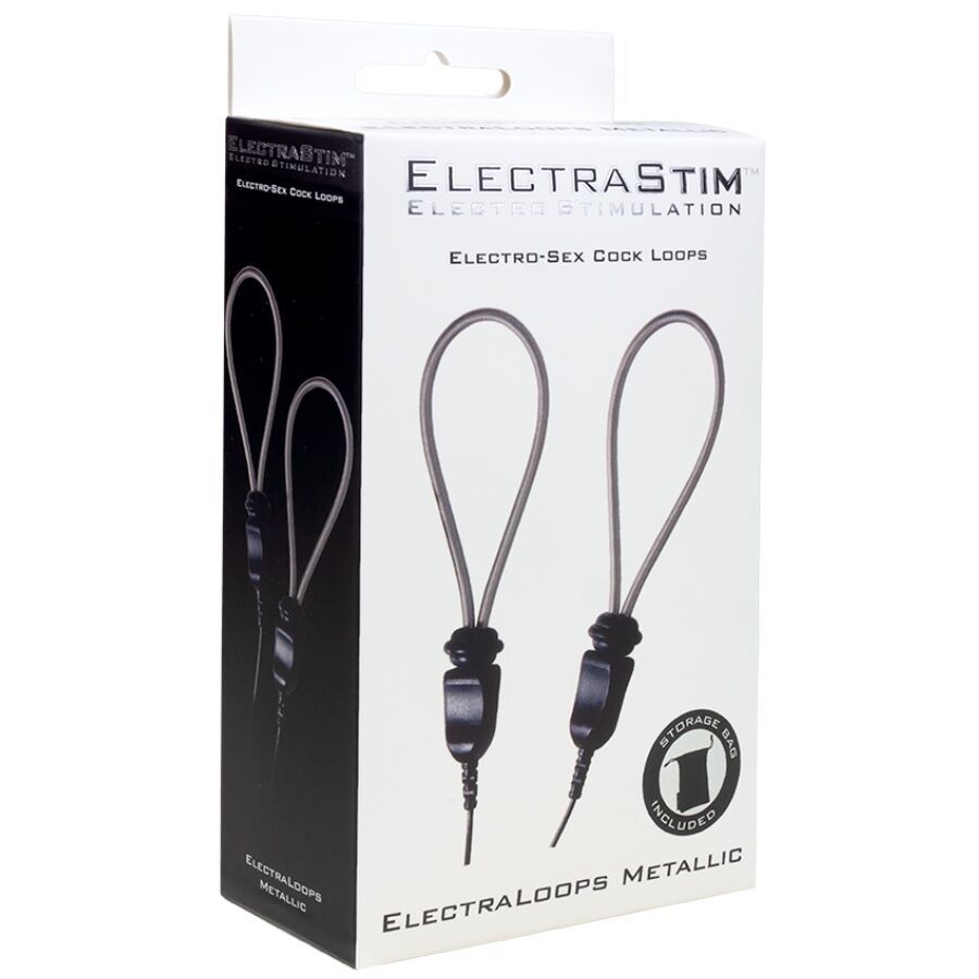 Verpackung mit zwei Elektrostimulations-Cockringen. Aufschrift: ELECTRASTIM, ELECTRO-SEX COCK LOOPS, ELECTRALOOPS METALLIC. Inklusive Aufbewahrungstasche.