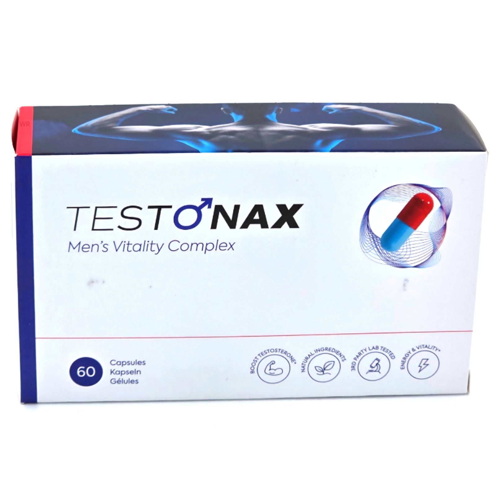Schachtel mit "TESTO NAX". 60 Kapseln. Blaue und rote Kapsel-Illustration. "Men's Vitality Complex".