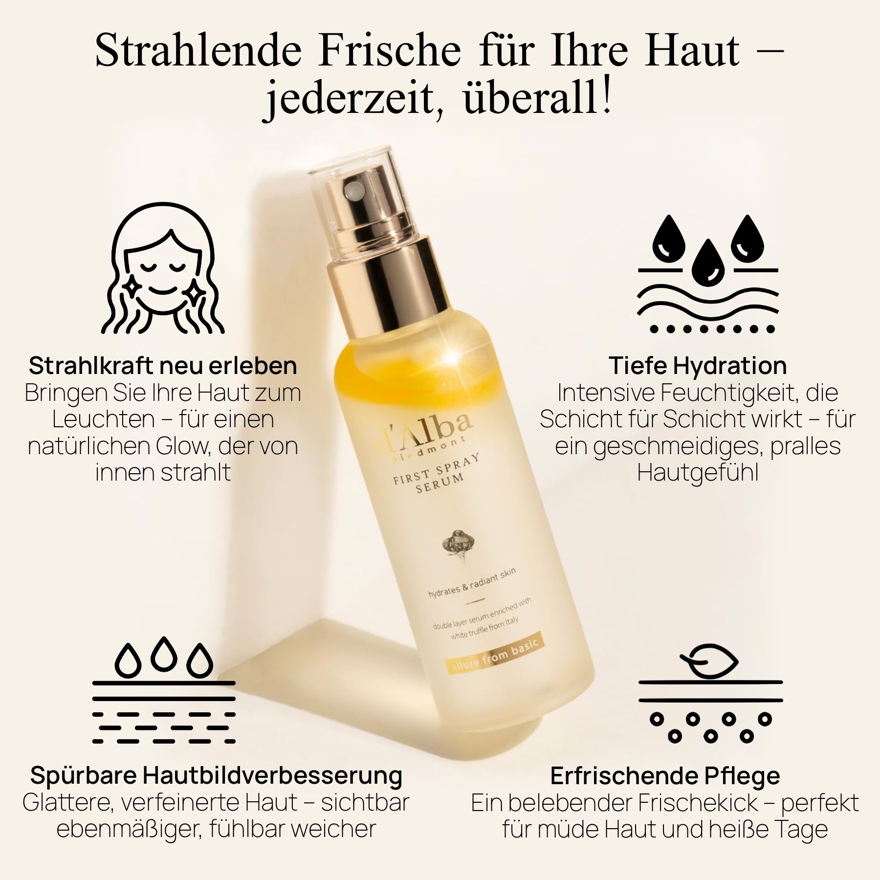Eine Sprühflasche mit goldfarbener Kappe. Text: d'Alba, First Spray Serum. Grafiken und Text über Vorteile: Strahlkraft, Hydratation, Hautbild.