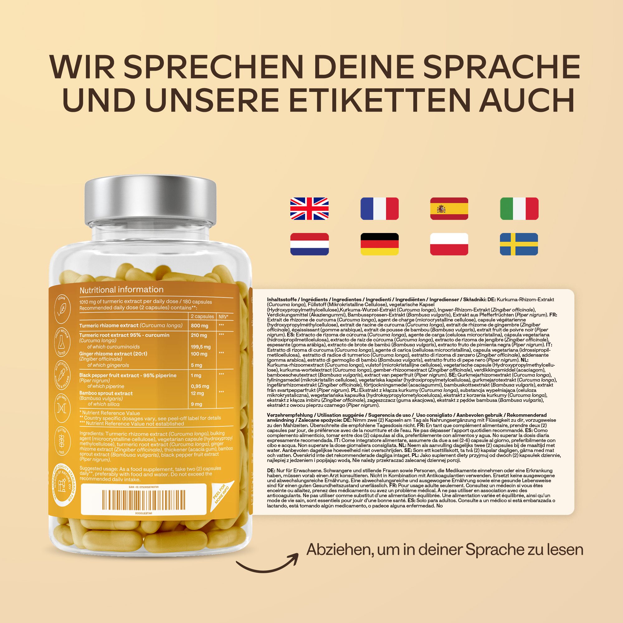 Drei Kurkuma-Kapseln auf einer Petrischale, umgeben von Kurkuma, Ingwer, Pfeffer und Symbolen für 'Glutenfrei', 'Non-GMO'.