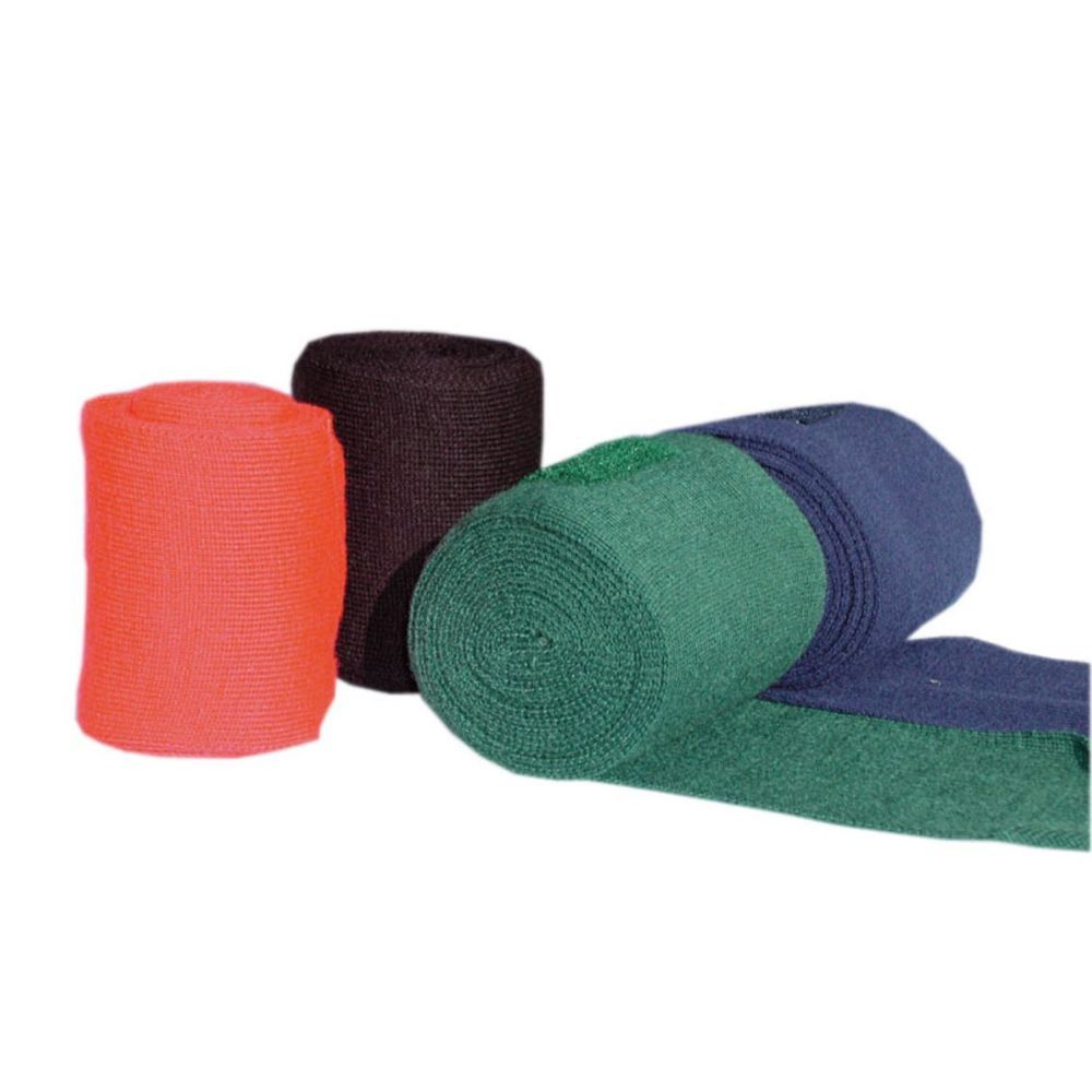 Mehrfarbige Bandagen, gerollt. Farben: Rot, Schwarz, Grün und Blau. Textilmaterial. Mehrere Bandagen nebeneinander.
