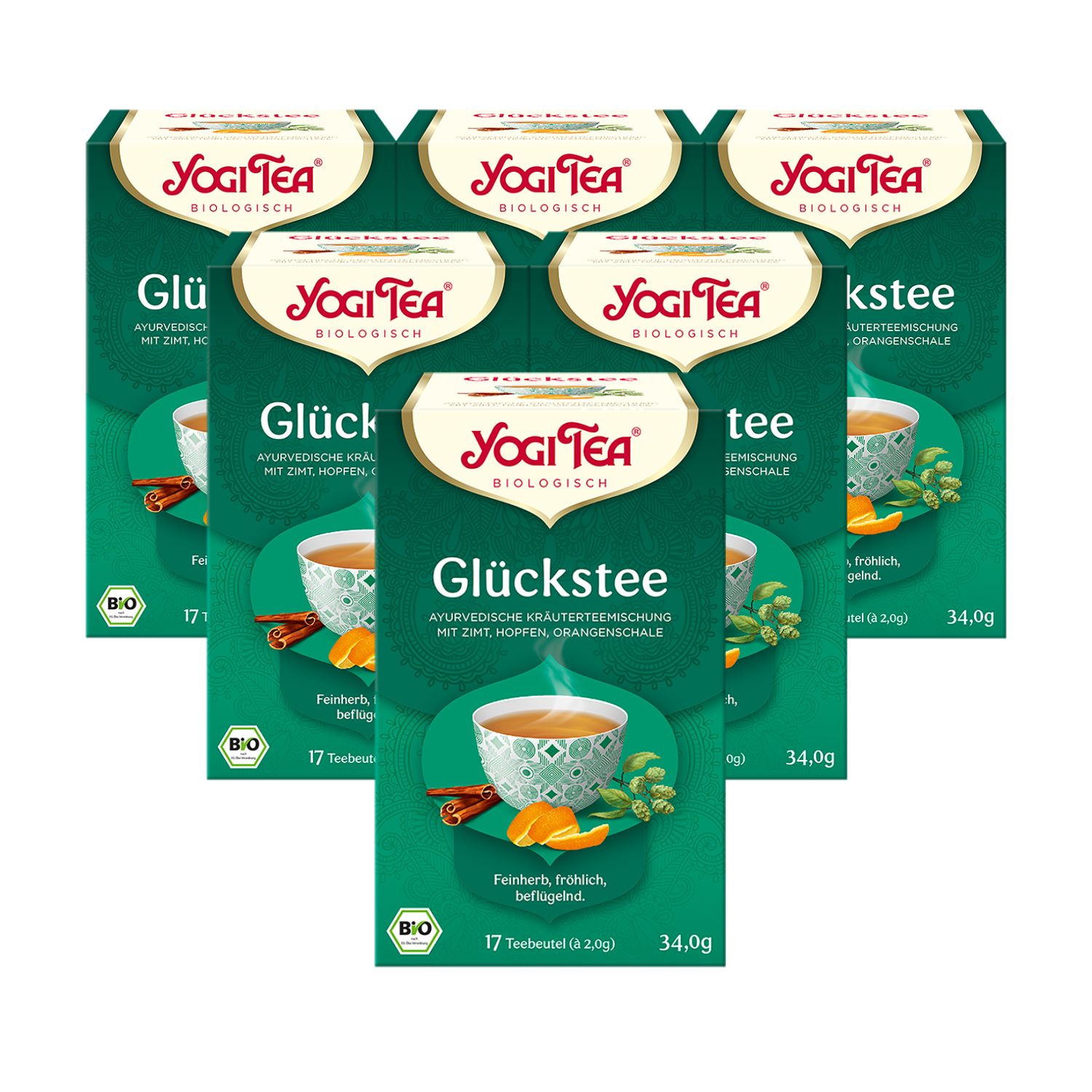 Mehrere Packungen Yogi Tea Glückstee. Grün verpackt, mit Logo und Produktbezeichnung. Bio-Siegel. 17 Teebeutel.