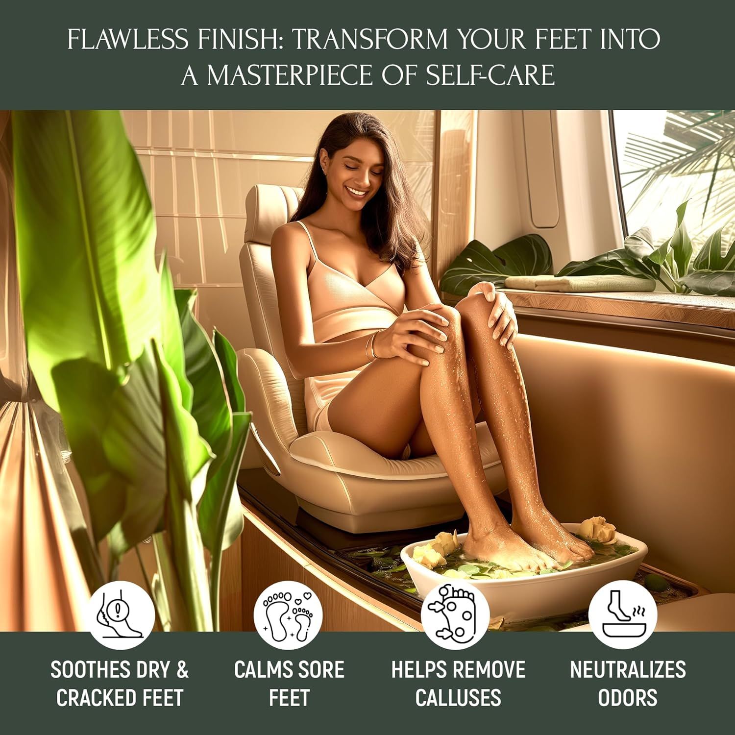 Frau sitzt in einem Sessel und badet ihre Füße in einer Schüssel. Text: Soothes dry & cracked feet, Calms sore feet, Helps remove calluses, Neutralizes odors.