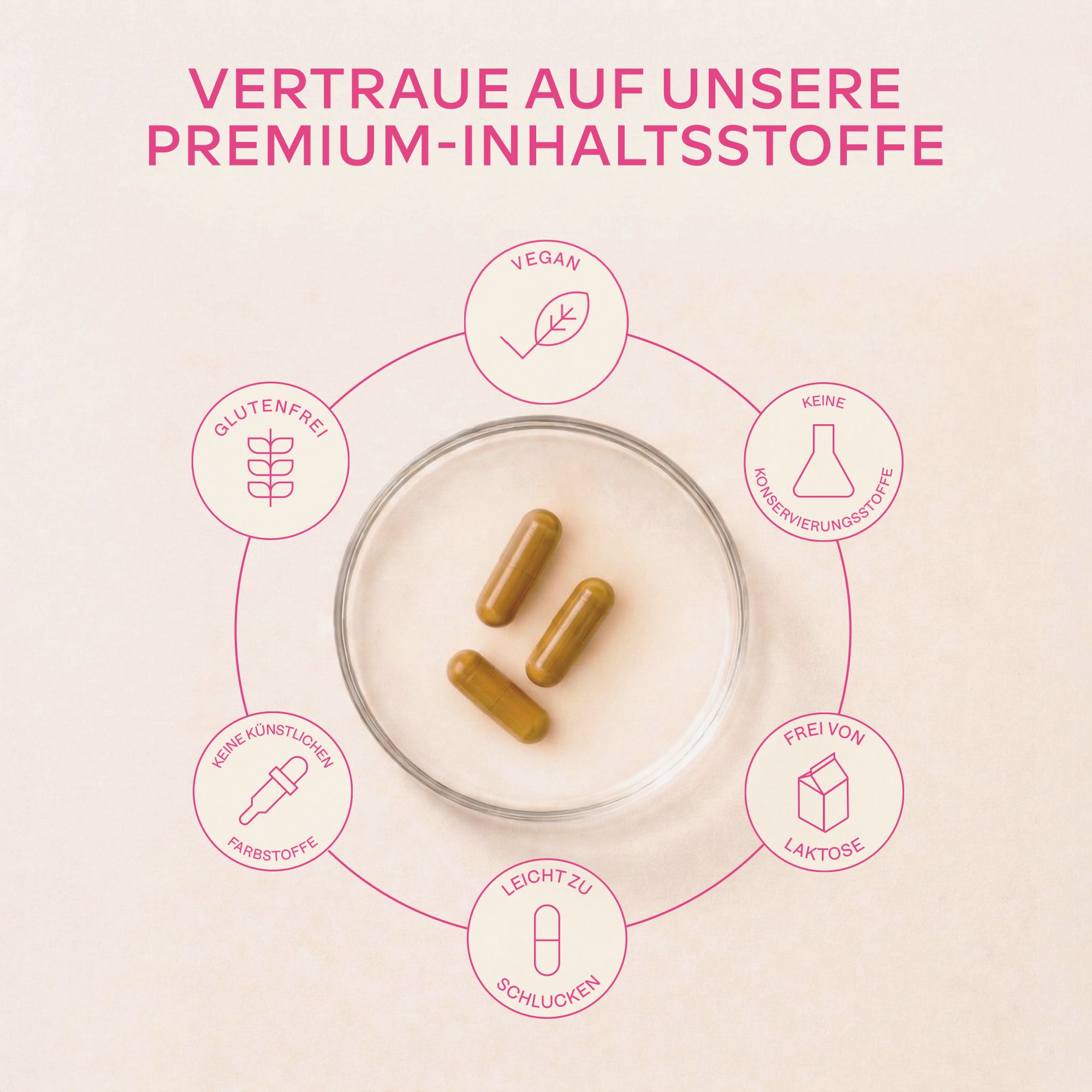 Flasche mit Kapseln. Text: AAVALABS Vitamin B Complex. Rosa Hintergrund mit Text.