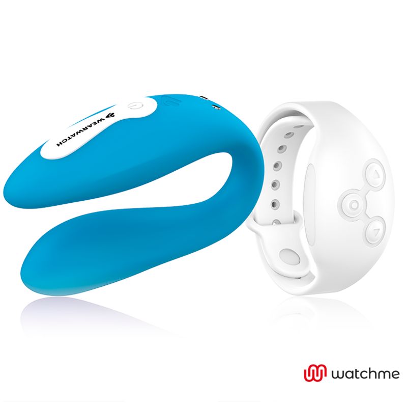 Blauer Silikon-Vibrator neben einem weißen Armband-Steuergerät mit Bedienelementen.