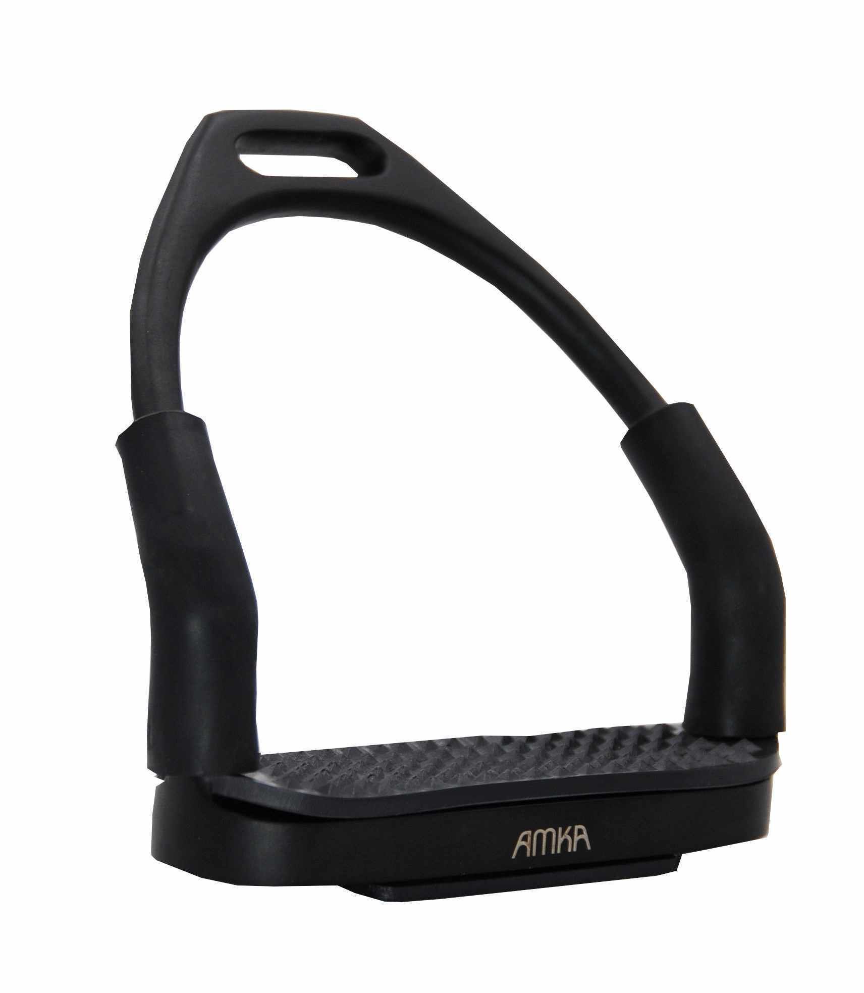 Schwarzer Steigbügel mit Gelenk. AMKA-Logo auf der Trittfläche.