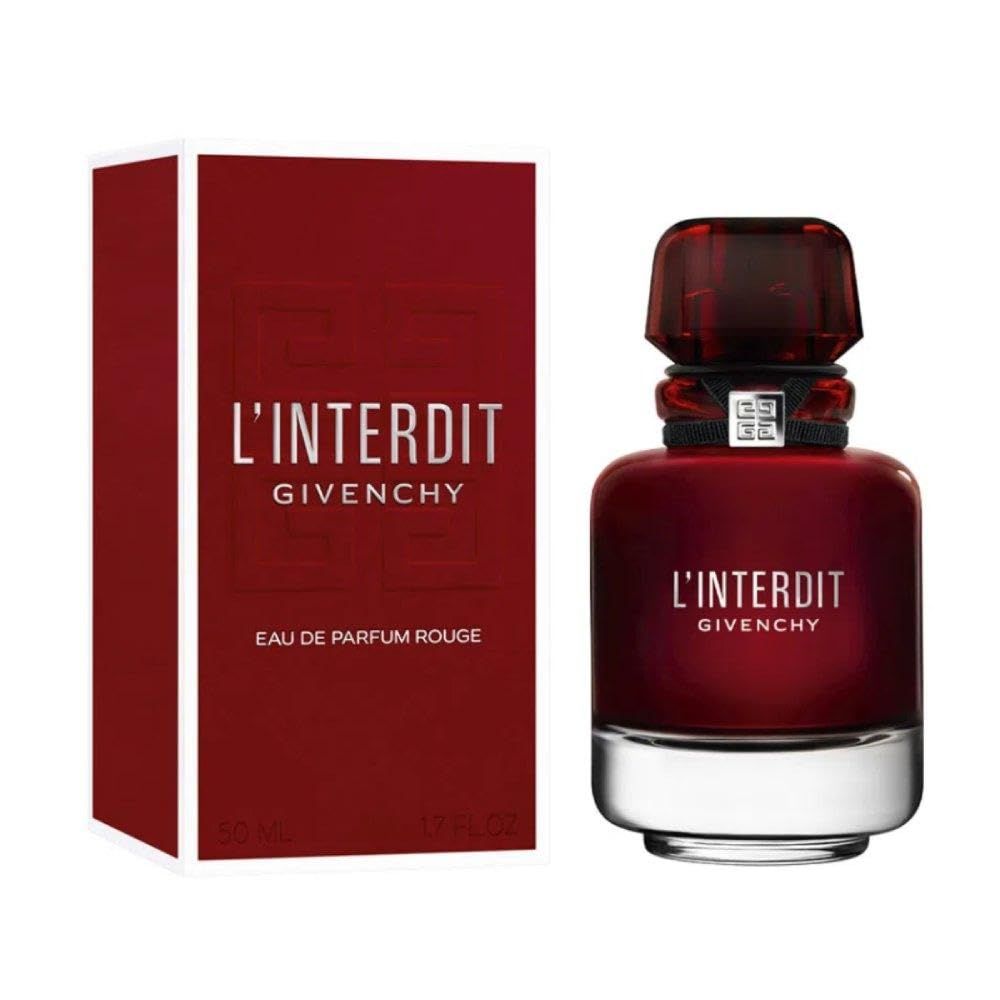 Roter Flakon und rote Verpackung. Aufschrift: L'Interdit Givenchy, Eau de Parfum Rouge. Flakon mit silbernem Boden.