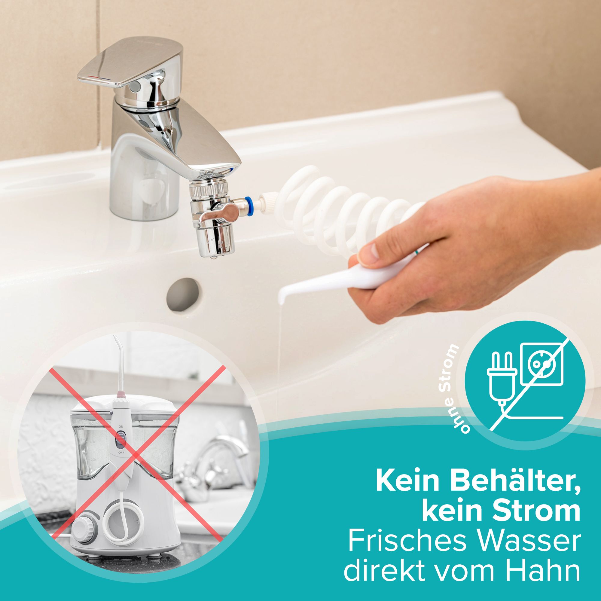 Weißes Munddusche-Set mit Schlauch, an Wasserhahn angeschlossen. Text: Kein Behälter, kein Strom. Frisches Wasser direkt vom Hahn.