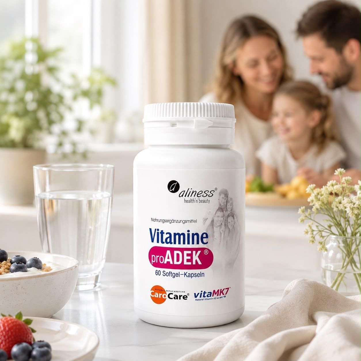 Aliness Vitamine proADEK, 60 Softgel-Kapseln. Kombination der fettlöslichen Vitamine A, D, E und K.