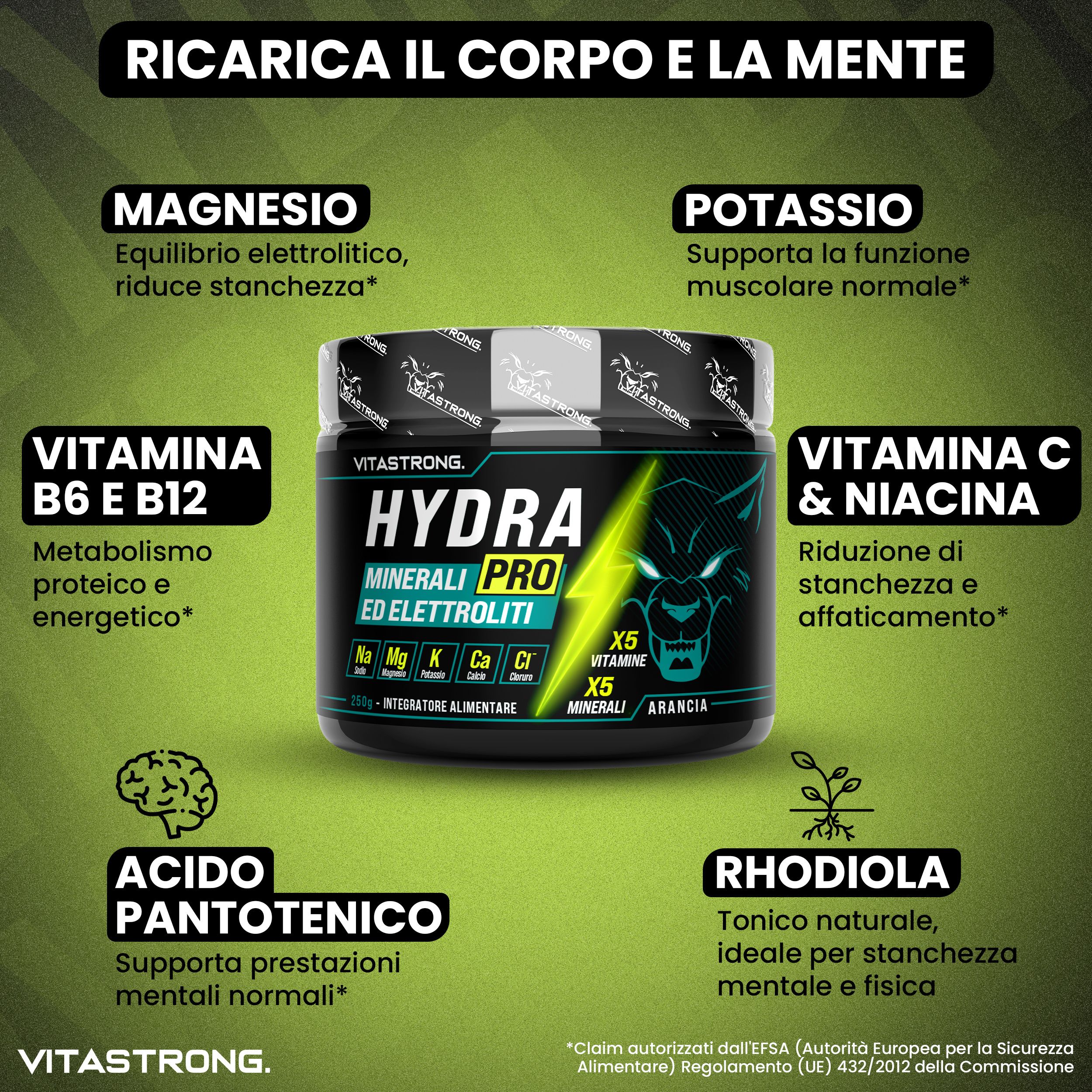Produkt-Dose "HYDRA PRO" mit Inhaltsstoffen. Text: Mineralien und Elektrolyte. Vitastrong.