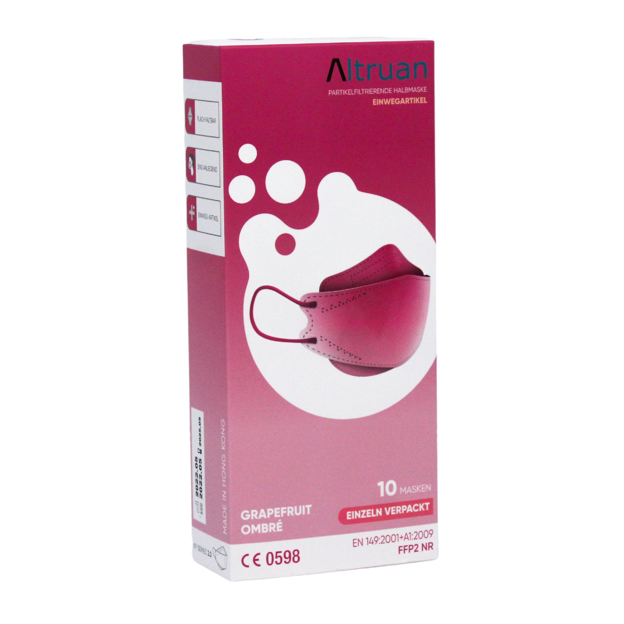 Verpackung für 10 einzeln verpackte Altruan FFP2-Masken, "Grapefruit Ombré" Design, CE 0598.