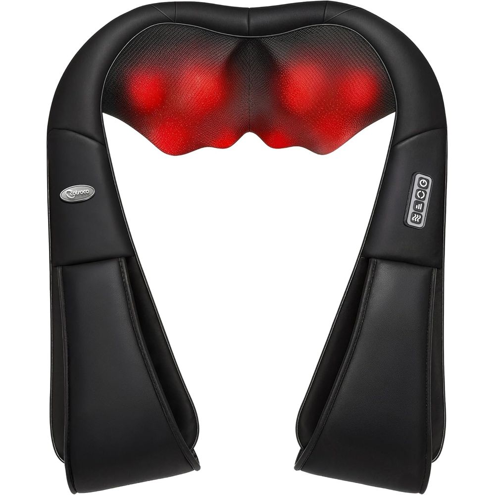 Schwarzes Nackenmassagegerät mit roten leuchtenden Shiatsu-Knoten.