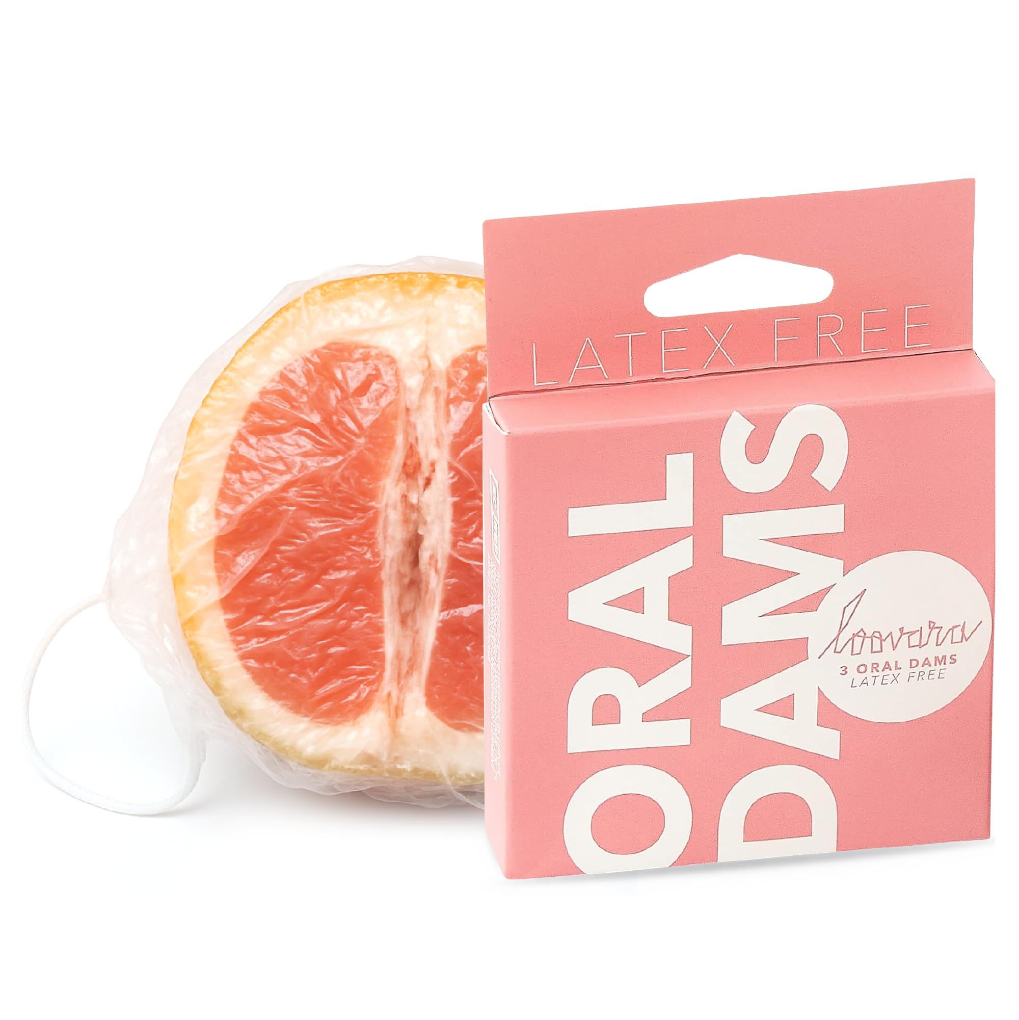 Verpackung mit 3 Loovara Oral Dams, latexfrei, neben einer halbierten Grapefruit.