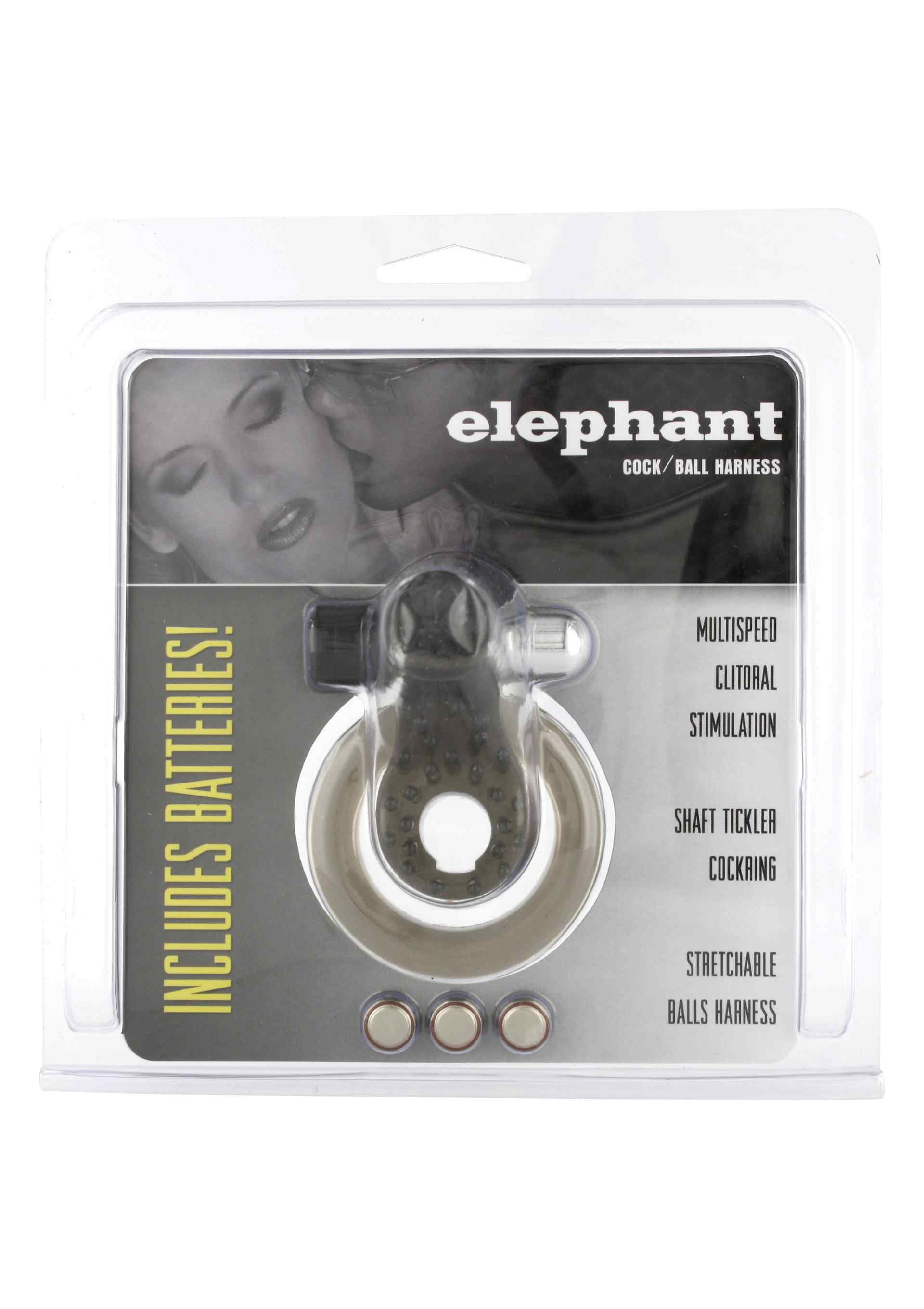 Verpackung mit transparentem Cock & Ball Ring. Produktname 'Elephant'. Enthält Batterien. Text: 'Multispeed', 'Clitoral Stimulation'.